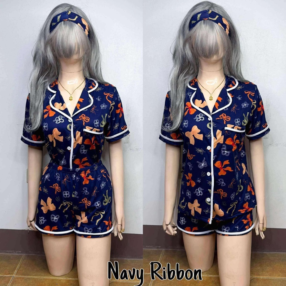 NWOT-Navy Ribbon Pajama Set with Headband